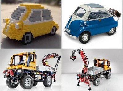 上圖為樂高按1:3比例拼搭的寶馬經(jīng)典微車 Isetta，下圖為樂高拼砌的奔馳 Unimog U 400工程車。