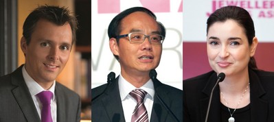 (左起)Gubelin集團(tuán)總裁Raphael Gubelin、周大福珠寶集團(tuán)有限公司董事總經(jīng)理黃紹基、力拓鉆石部市場(chǎng)及銷售大中華代表處經(jīng)理馬麗詩